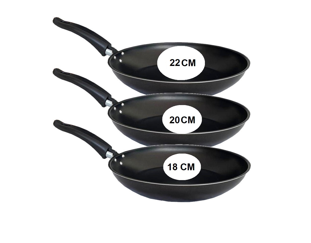 JOGO FRIGIDEIRAS GOURMET 3PCS PRETO - DE ALUMINIO COM REV ANTIADERENTE E POLIESTER