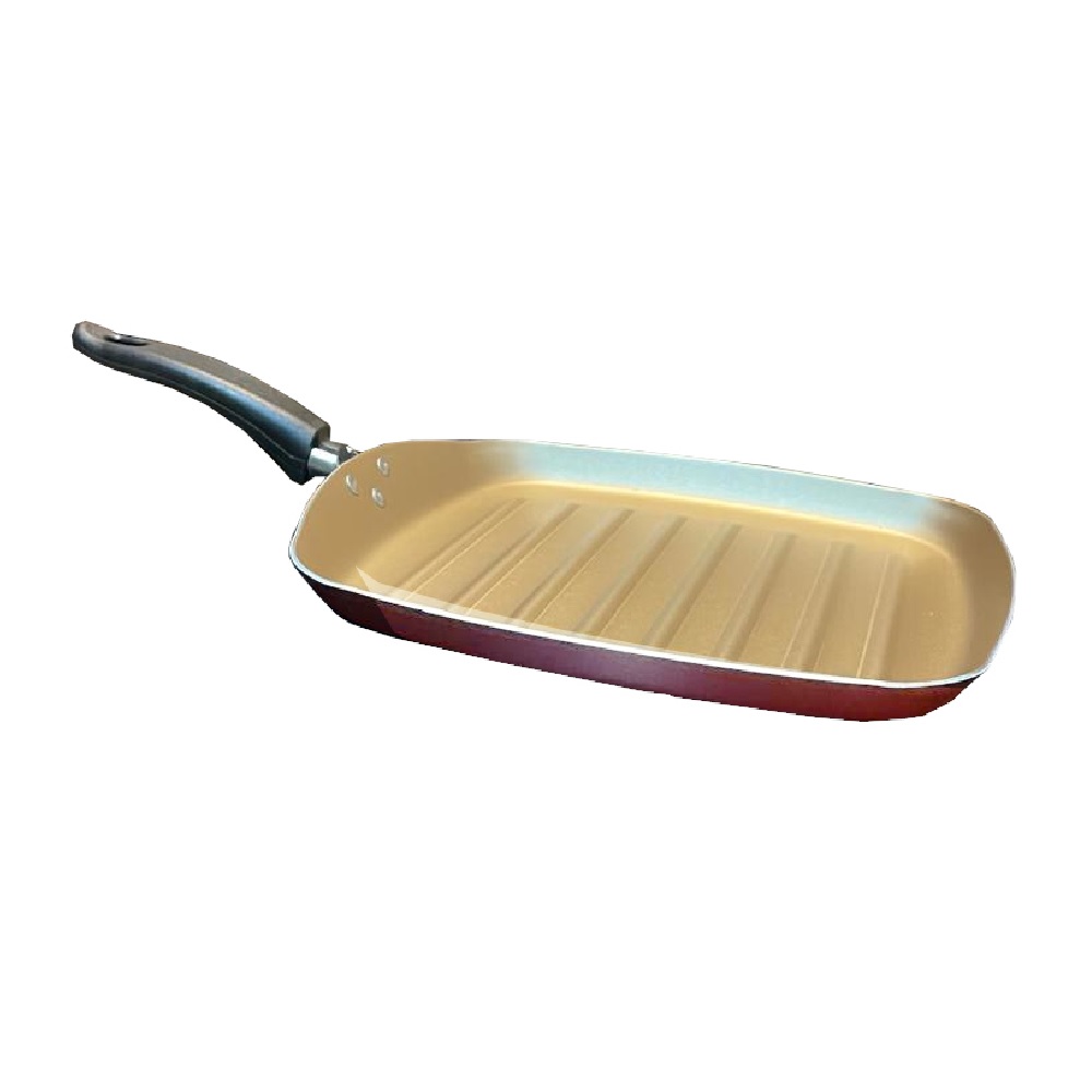 Frigideira bistequeira quadrada antiaderente de cerâmica 26x28 cm na cor cereja com alça ergonômica.