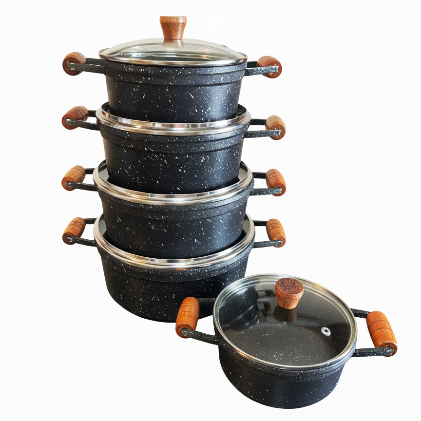 Conjunto de 5 panelas de alumínio fundido com revestimento em granito e tampas de vidro