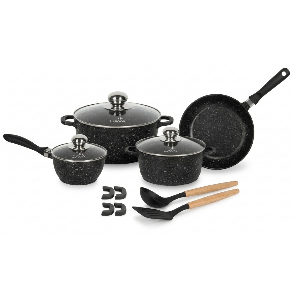Jogo de panelas de cerâmica CAVA Classic com caçarolas, panela, frigideira e utensílios de silicone.