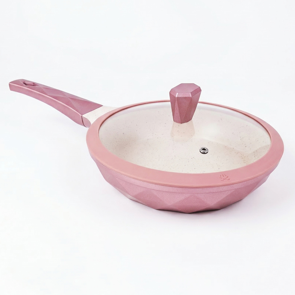 Frigideira antiaderente cerâmica rose diamante 24cm com tampa de vidro e cabo soft-touch