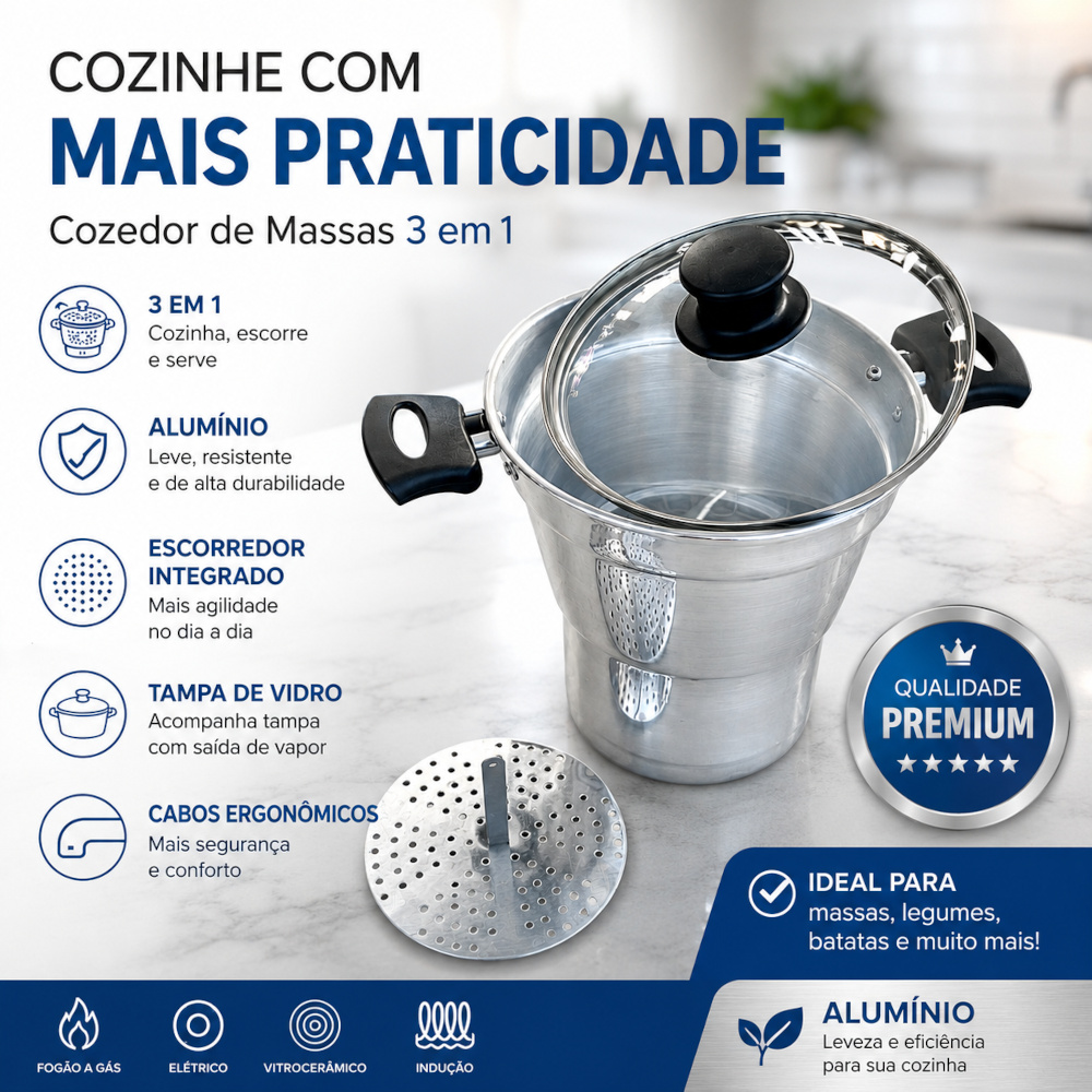 Cuscuzeira Alumínio Reforçado Grande Tampa De Vidro Profissional 1,8 Litros