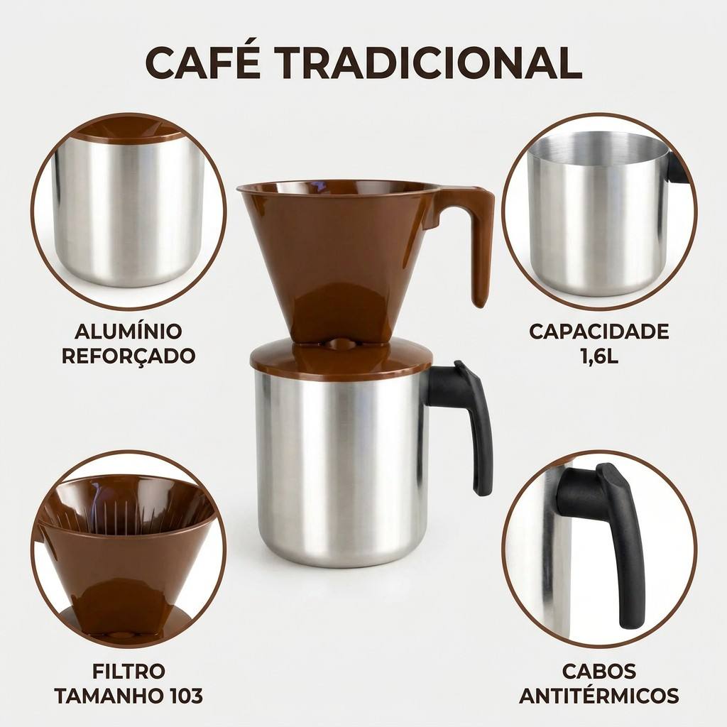 Conjunto de café com fervedor em alumínio polido de 1,6 litros e suporte preto para filtro de café 103