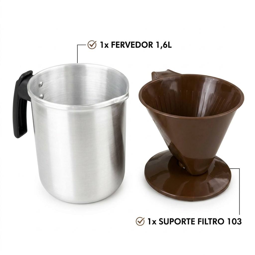 Conjunto De Café Fervedor 1,6L Alumínio Polido Com Suporte Coador Filtro 103