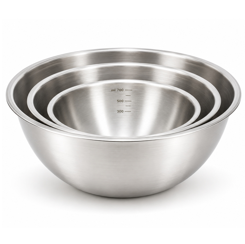 Kit com 3 bacias de aço inox nos tamanhos 700ml, 1,2L e 2L com medidor interno graduado.