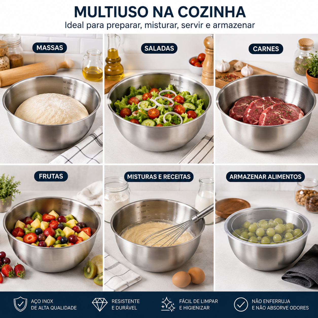 Kit 3 Bacias de Aço Inox com Medidor Interno Graduado – 700ml + 1,2L + 2L – Tigelas para Cozinha
