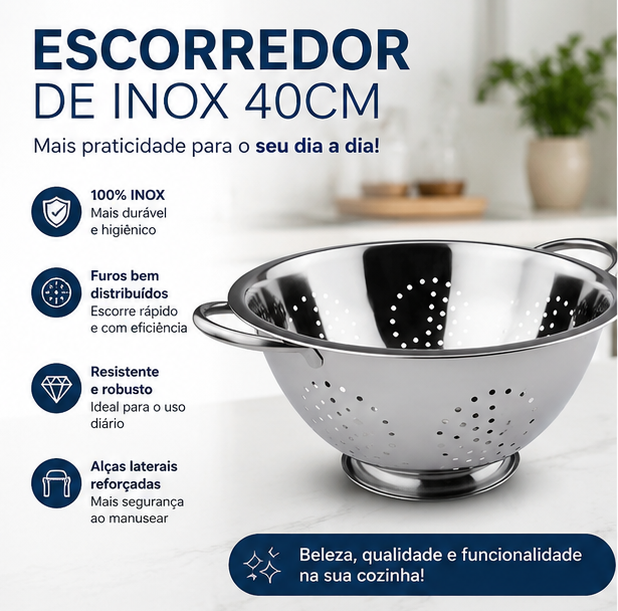Escorredor de Macarrão Inox 40cm com Alças Reforçadas Grande para Massas, Frutas e Legumes