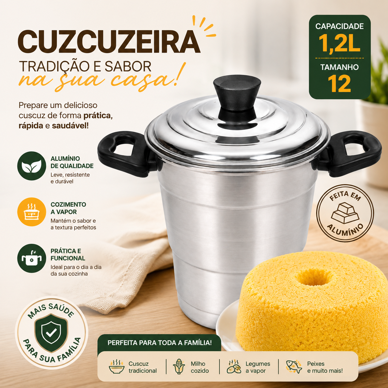 Cuscuzeira de Alumínio 1,2 Litros Tamanho 12 com Tampa e Alças – Panela para Cuscuz com Cozimento a Vapor