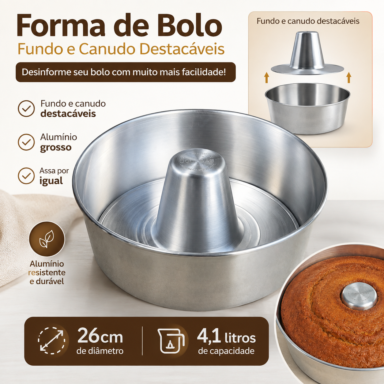 Forma de Bolo com Furo 26cm em Alumínio Grosso Fundo e Canudo Destacáveis 4,1 Litros