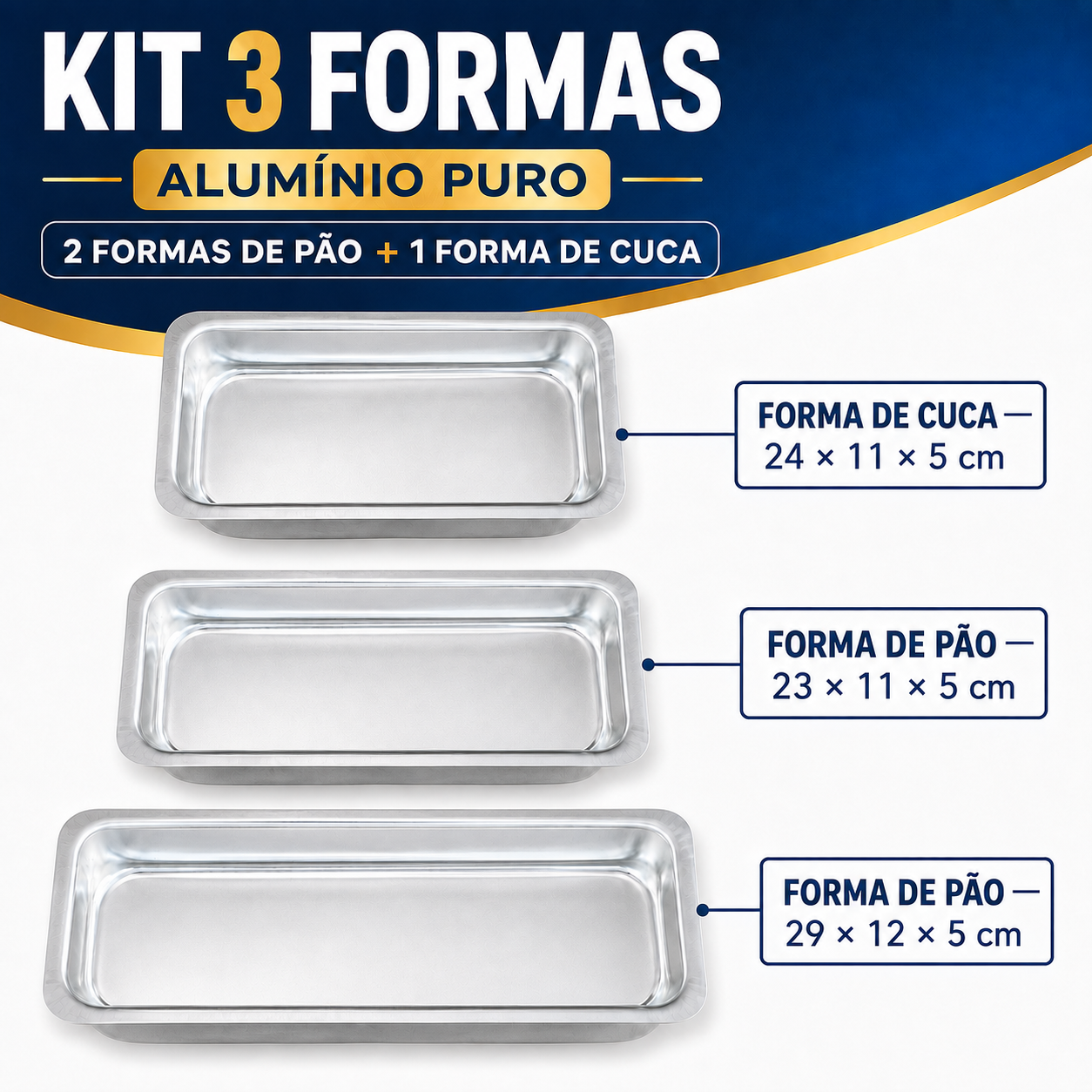 Kit 3 Formas de Alumínio para Pão e Cuca – Assadeiras Retangulares 23, 24 e 29 cm