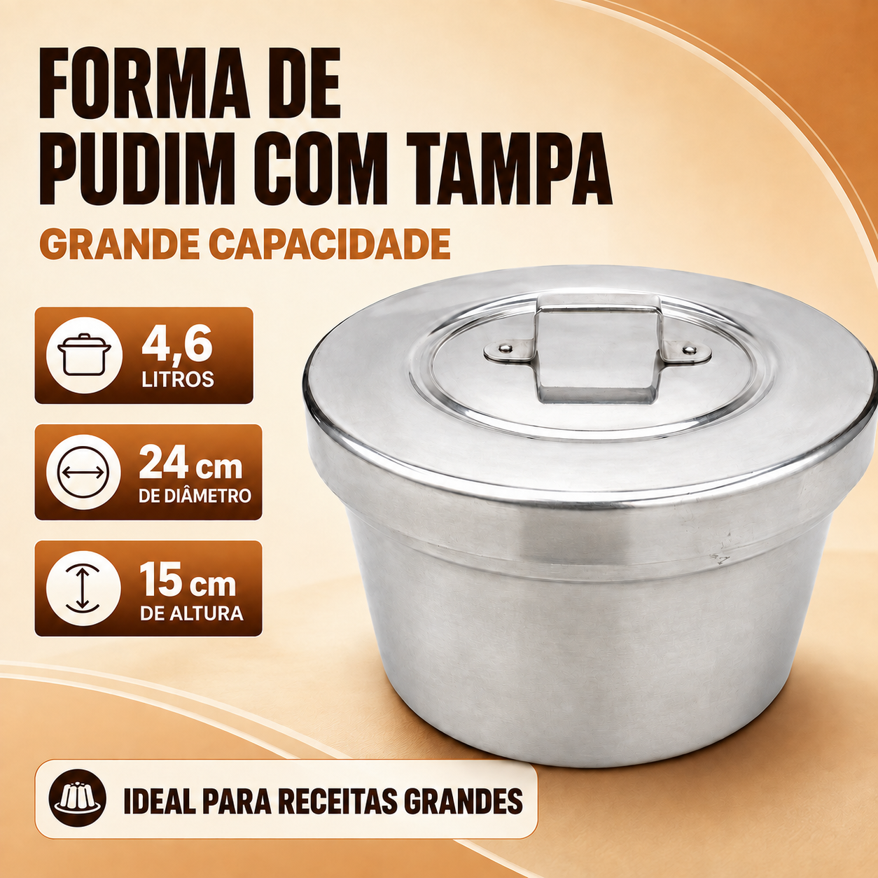 Forma de Pudim Grande 4,6 Litros em Alumínio Grosso Com Tampa 24cm - Imagem 4