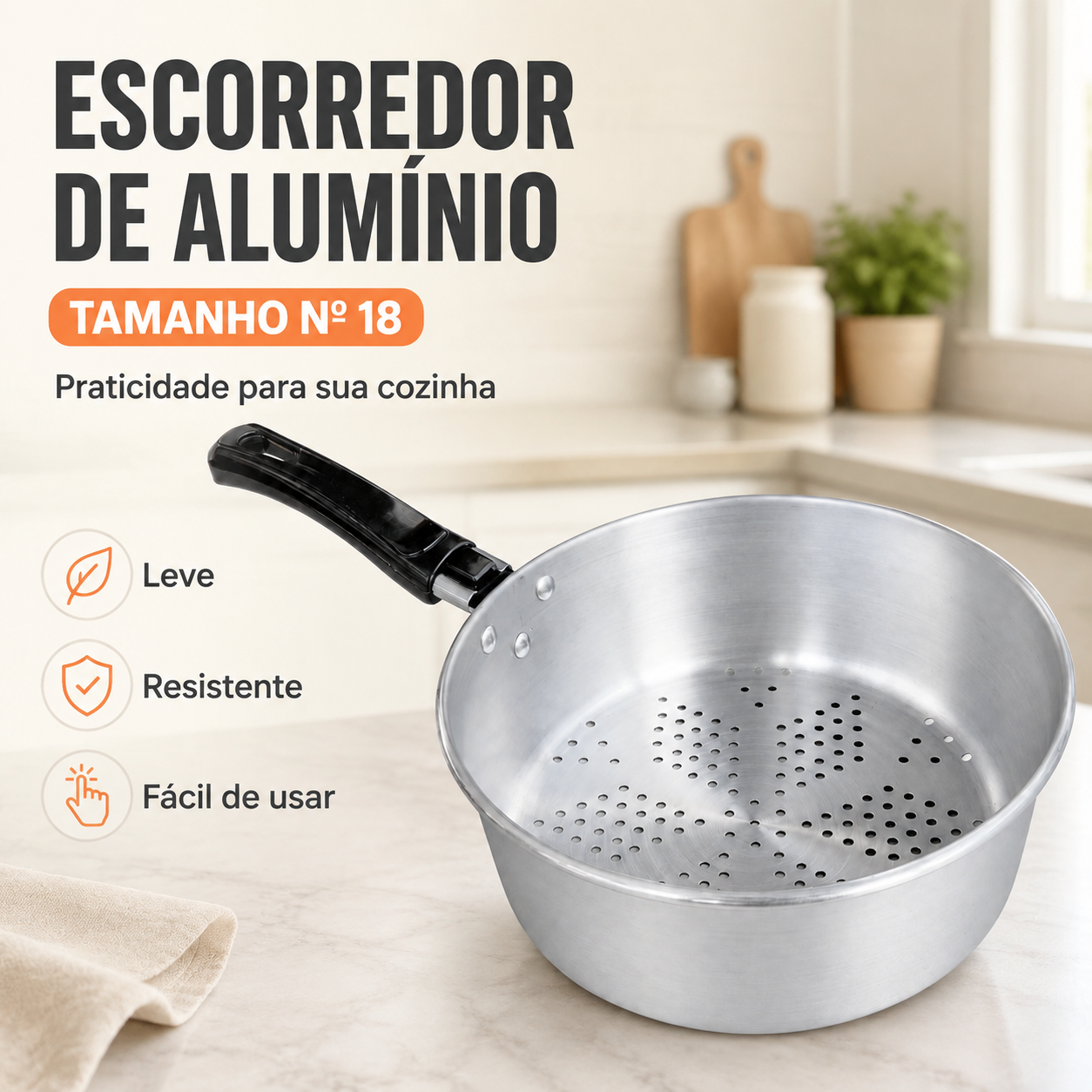Escorredor de Alumínio com Cabo Nº 18 para Arroz, Macarrão e Legumes