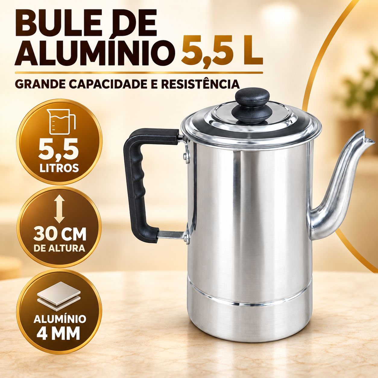 Bule de Alumínio Reforçado 5,5 Litros Espessura 4 mm – Grande e Resistente
