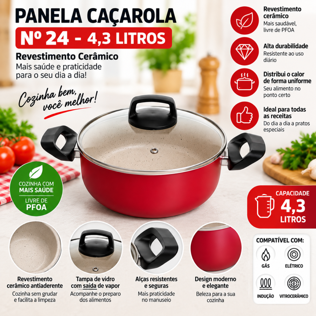 Panela caçarola de 24 cm com revestimento cerâmico na cor cereja e tampa de vidro