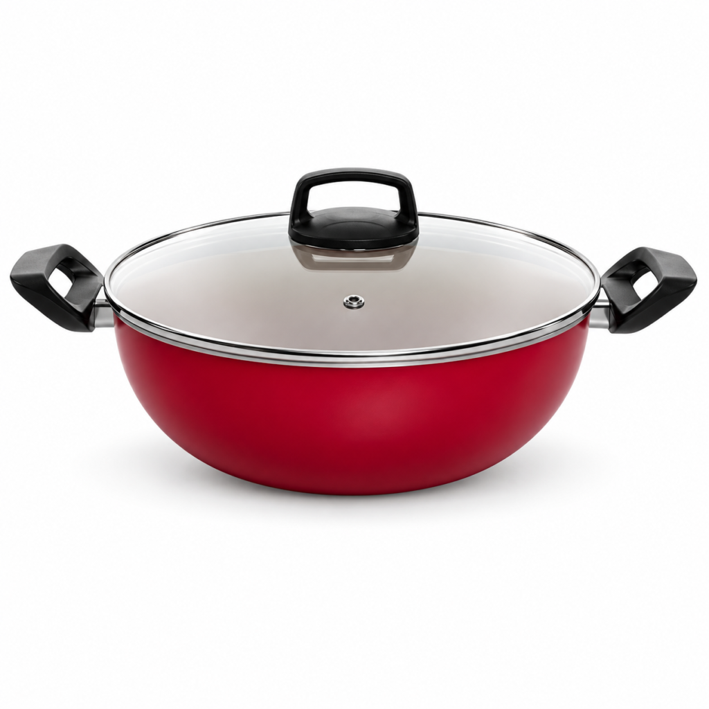 Panela wok de 32 cm cor cereja com revestimento cerâmico e tampa de vidro