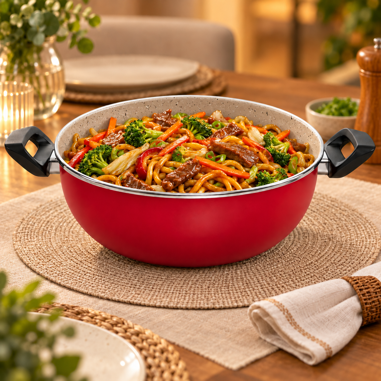 Panela Wok com Revestimento Cerâmico 28 cm 5 Litros com Tampa de Vidro – Cor Cereja