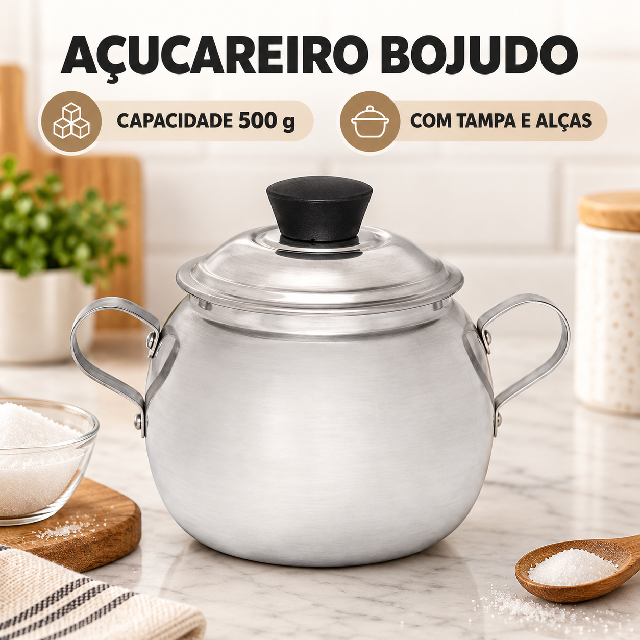 Açucareiro Bojudo de Alumínio 500 g com Tampa e Alças - Natural