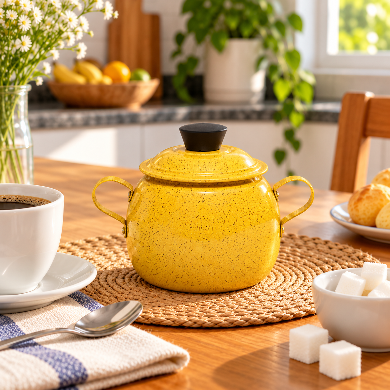 Açucareiro Bojudo de Alumínio 500 g com Tampa e Alças - Amarelo