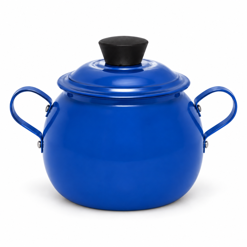 Açucareiro bojudo de alumínio azul de 500 g com tampa e alças laterais