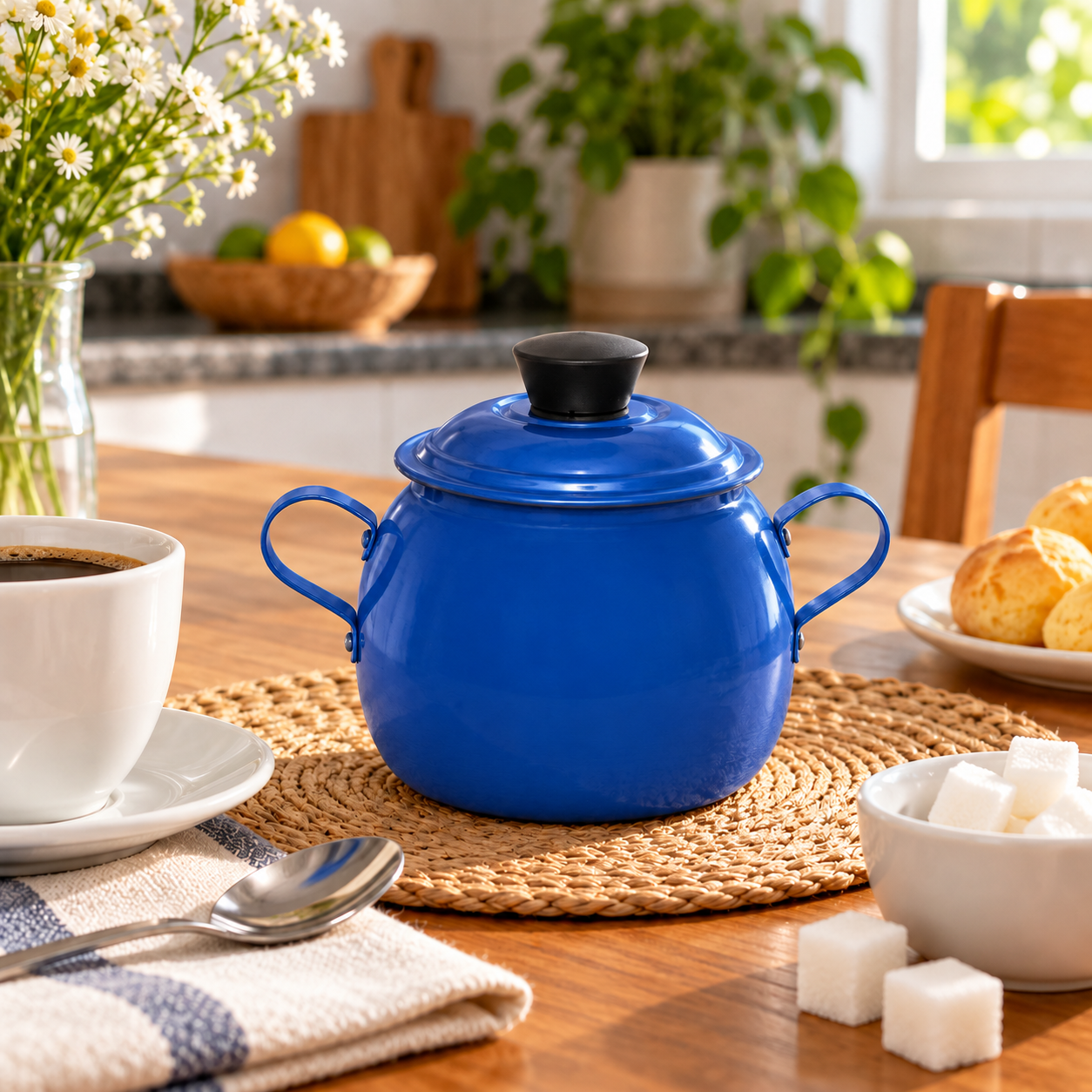 Açucareiro Bojudo de Alumínio 500 g com Tampa e Alças - Azul