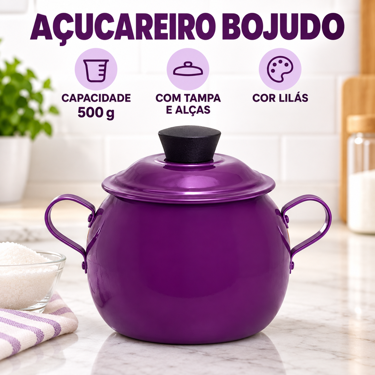 Açucareiro Bojudo de Alumínio 500 g com Tampa e Alças - Lilás - Imagem 3