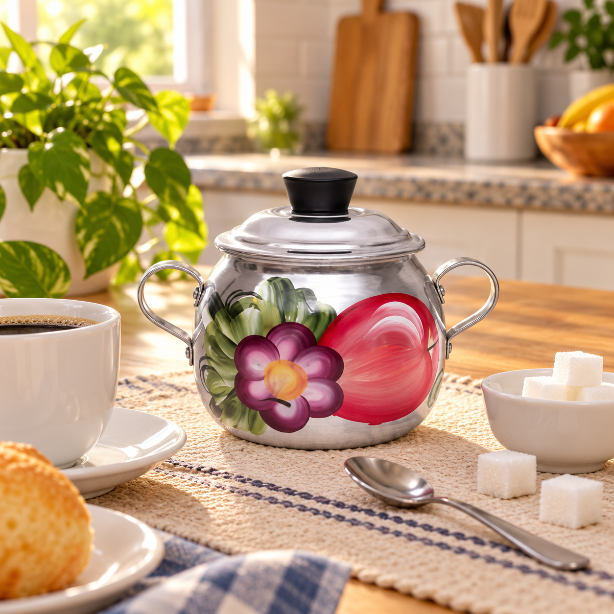 Açucareiro Bojudo de Alumínio Pintado 500 g com Tampa e Alças - Floral