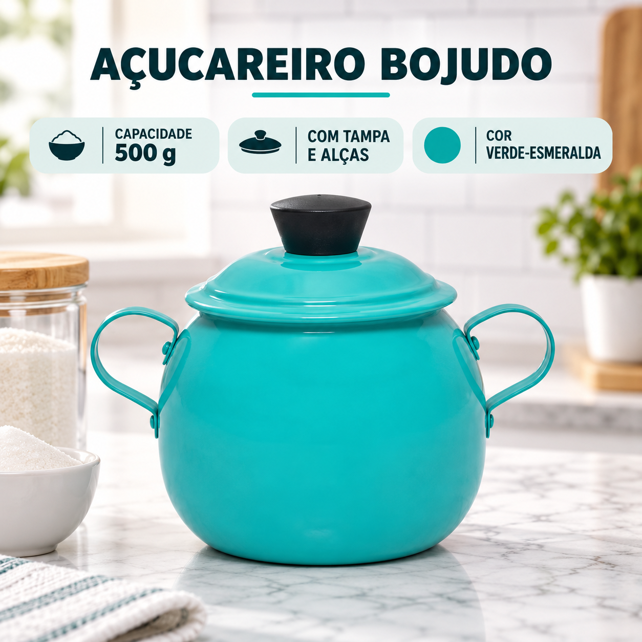 Açucareiro Bojudo de Alumínio 500 g com Tampa e Alças - Verde-Esmeralda