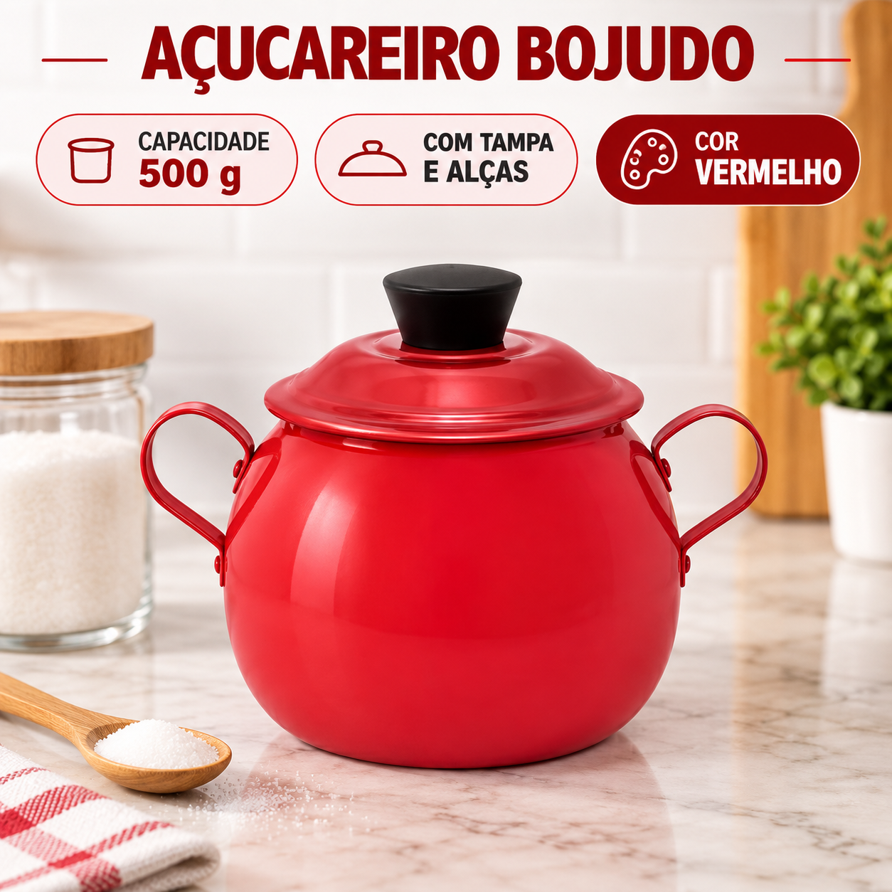 Açucareiro Bojudo de Alumínio 500 g com Tampa e Alças - Vermelho