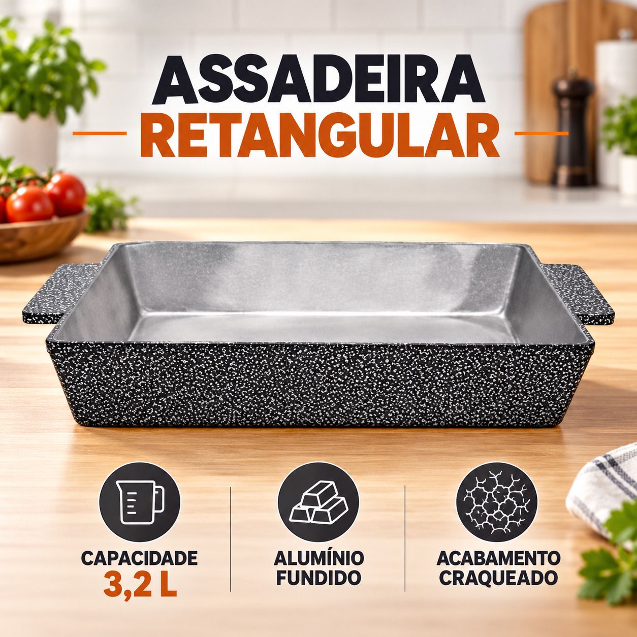 Assadeira Retangular de Alumínio Fundido Craqueada 3,2 Litros