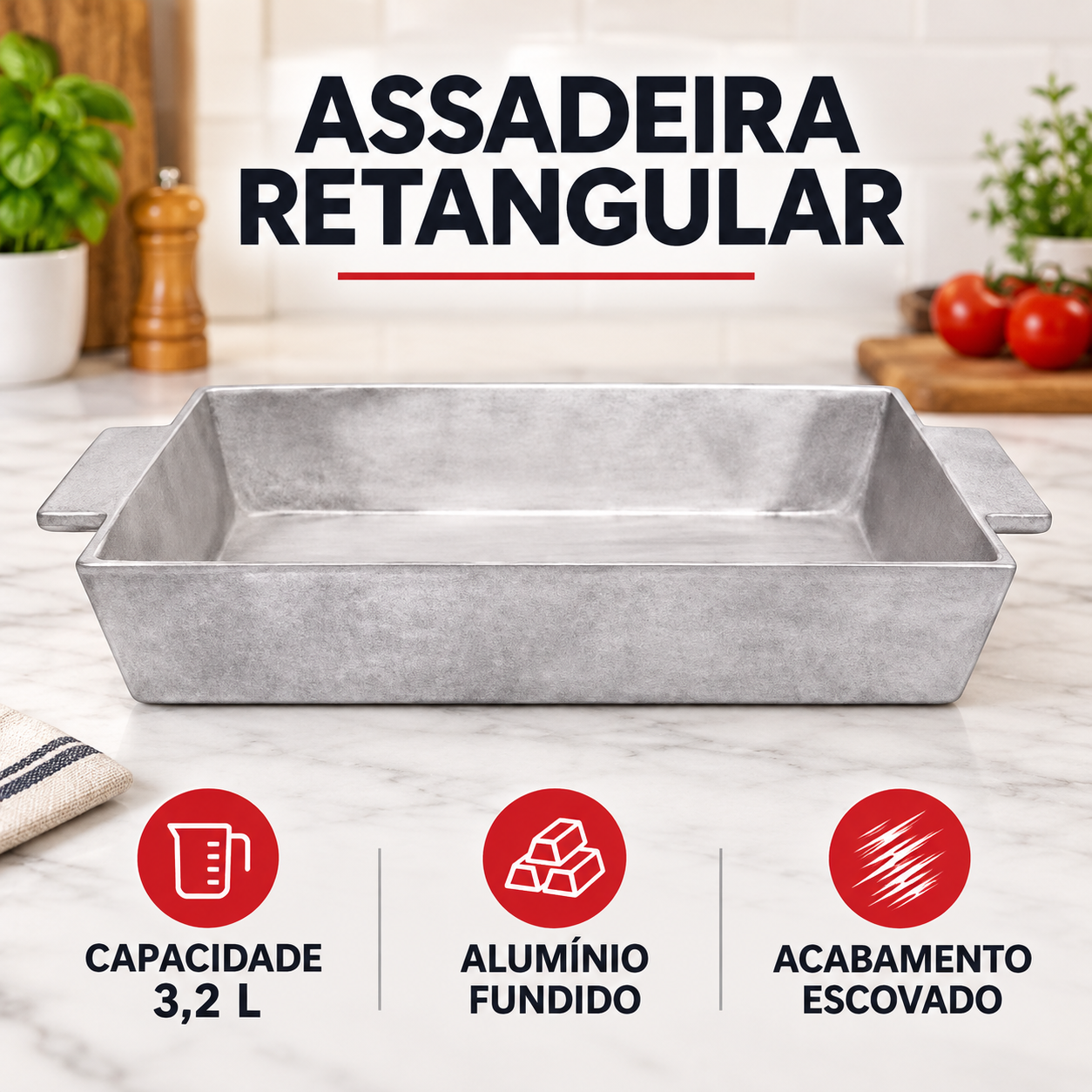 Assadeira Retangular de Alumínio Fundido Escovado 3,2 Litros