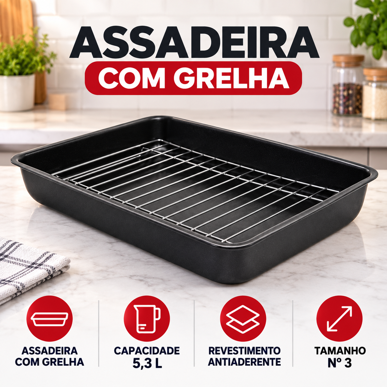 Assadeira Antiaderente Preta com Grelha Nº 3 - 5,3 Litros