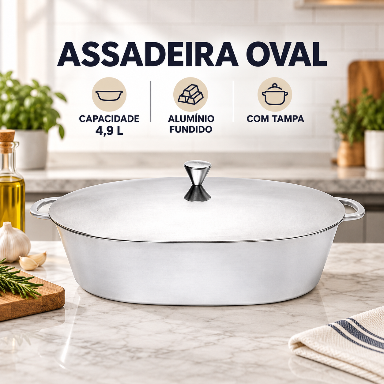 Assadeira Oval de Alumínio Fundido Polido com Tampa 4,9 Litros