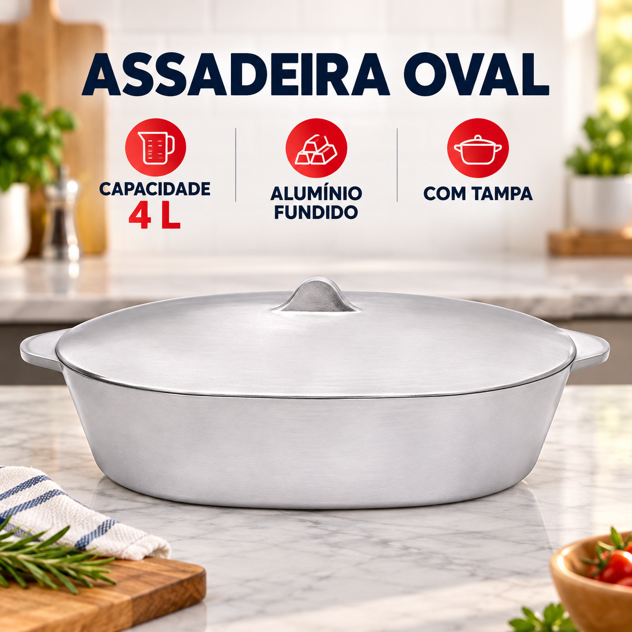 Assadeira Oval de Alumínio Fundido Escovado com Tampa 4 Litros