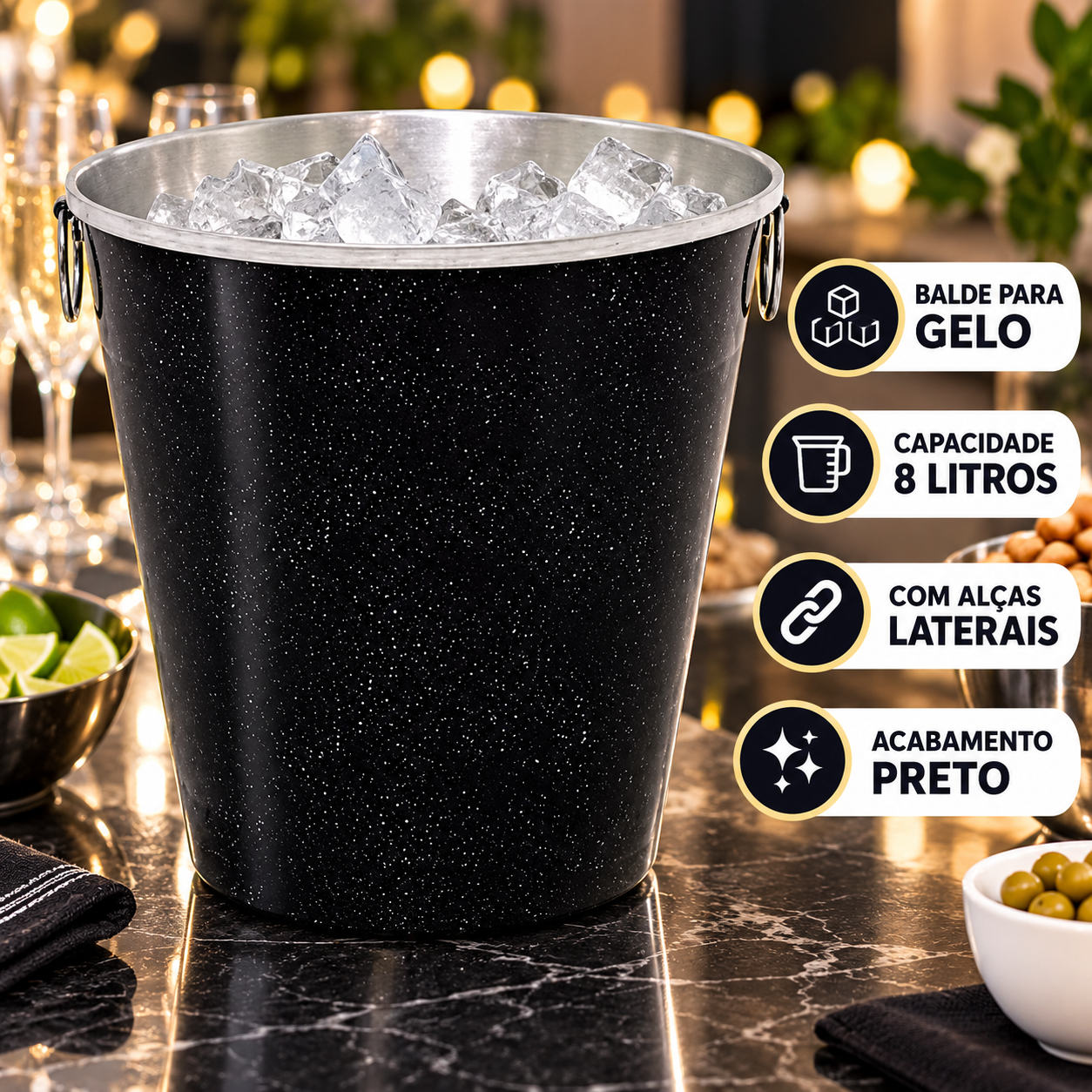 Balde para Gelo de Alumínio 8 Litros com Alças - Preto - Imagem 3