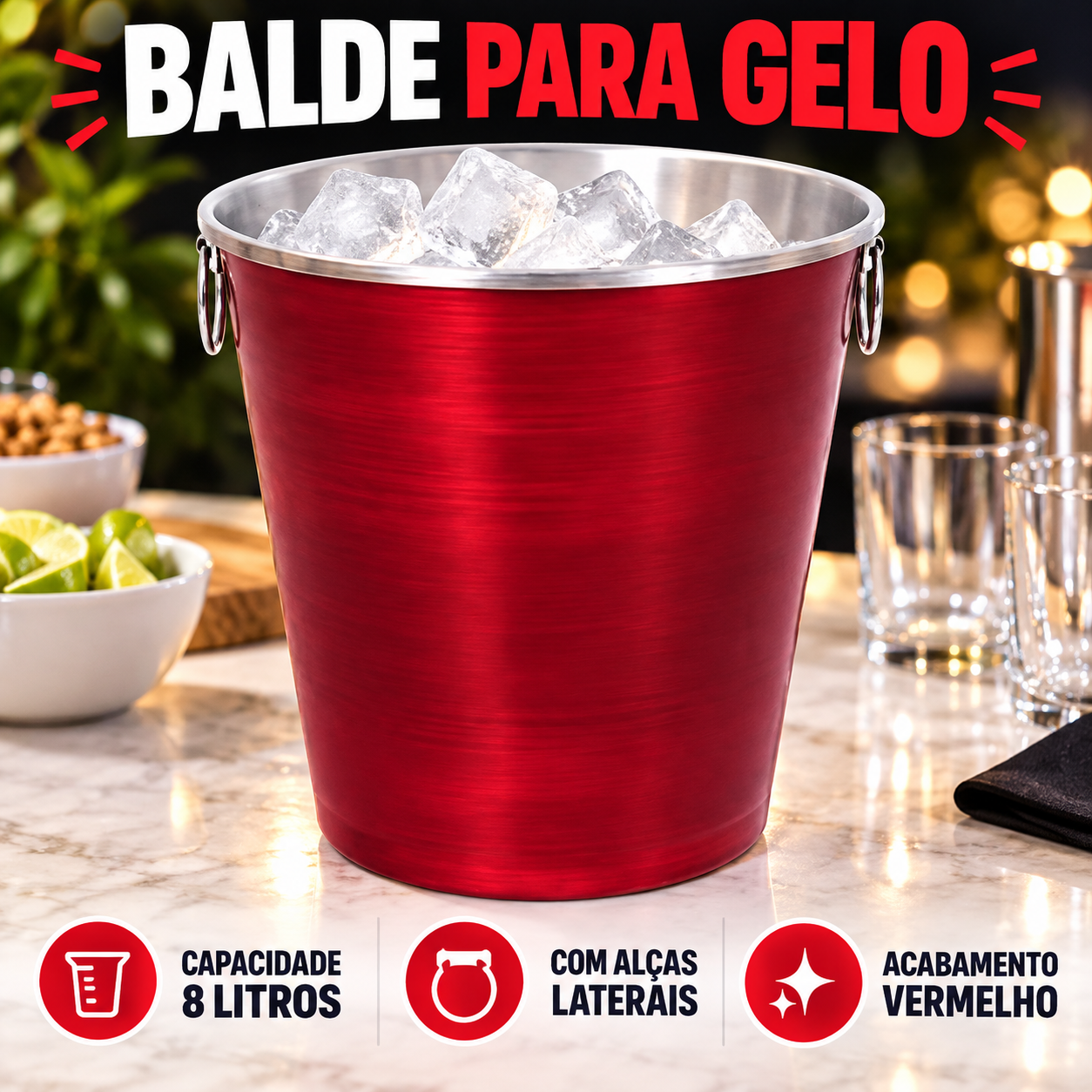 Balde para Gelo de Alumínio 8 Litros com Alças - Vermelho