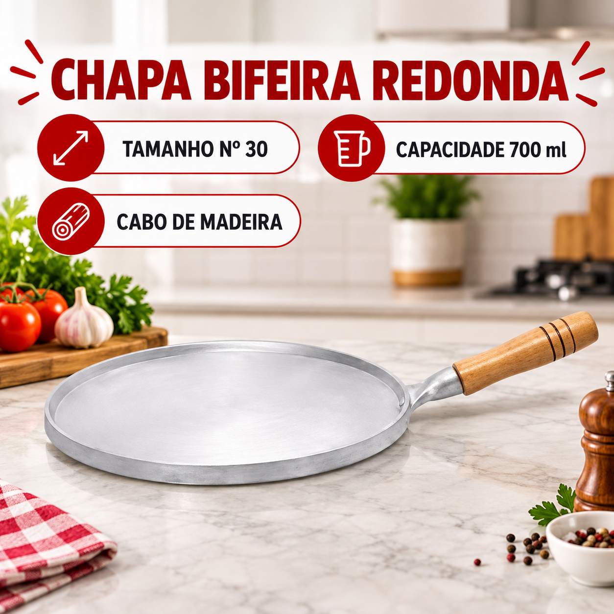 Chapa Bifeira Redonda de Alumínio Fundido Nº 30 - 700 ml com Cabo de Madeira