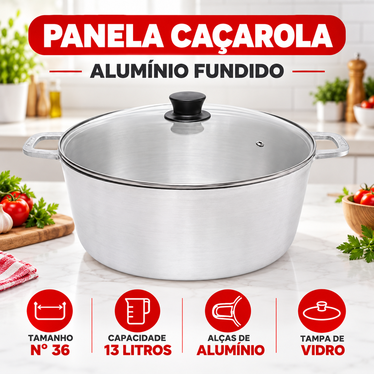 Panela Caçarola de Alumínio Fundido Nº 36 13 Litros com Alças de Alumínio e Tampa de Vidro